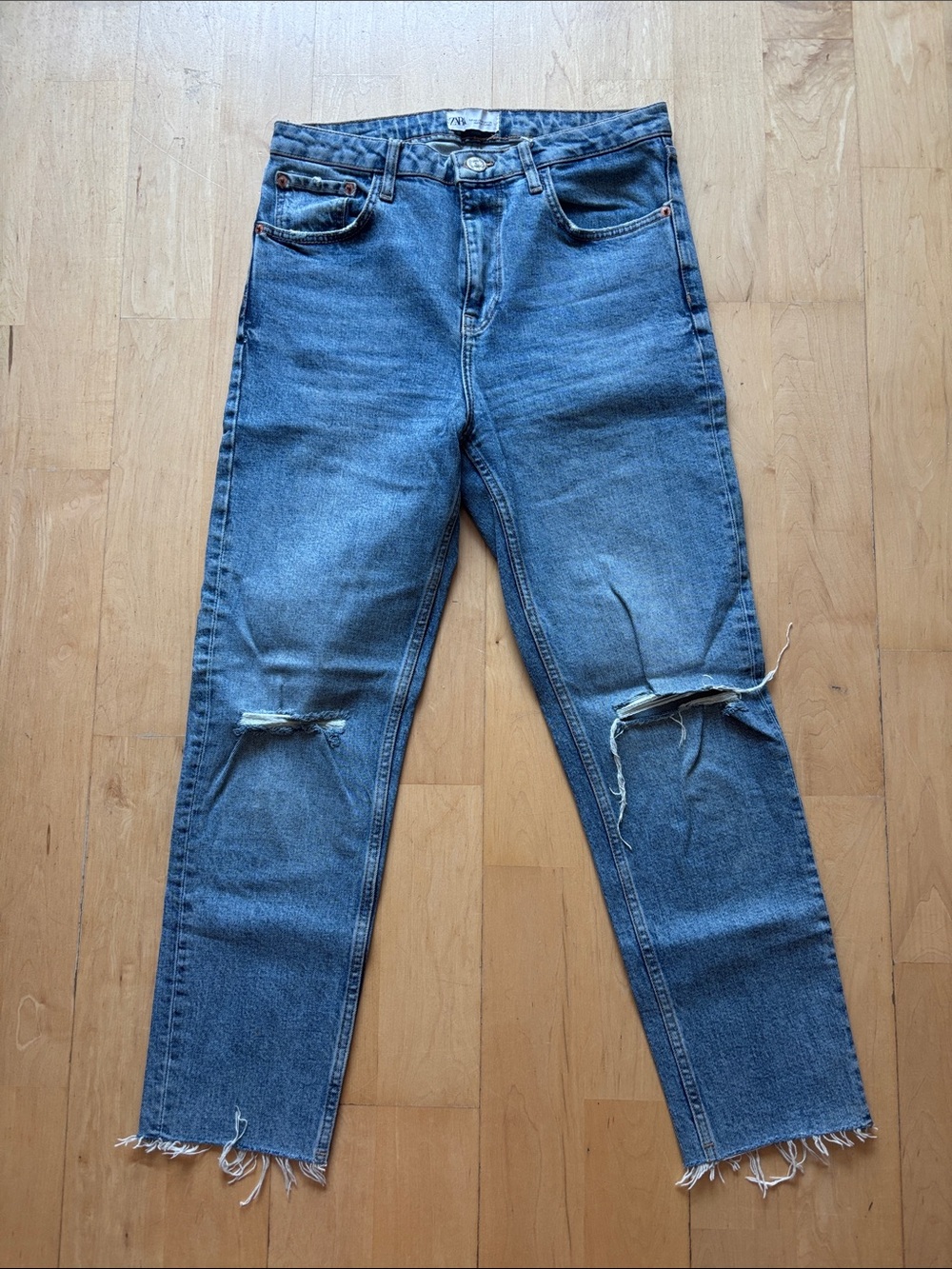 High-Rise Cropped Distressed Straight Leg Jeans — Blue